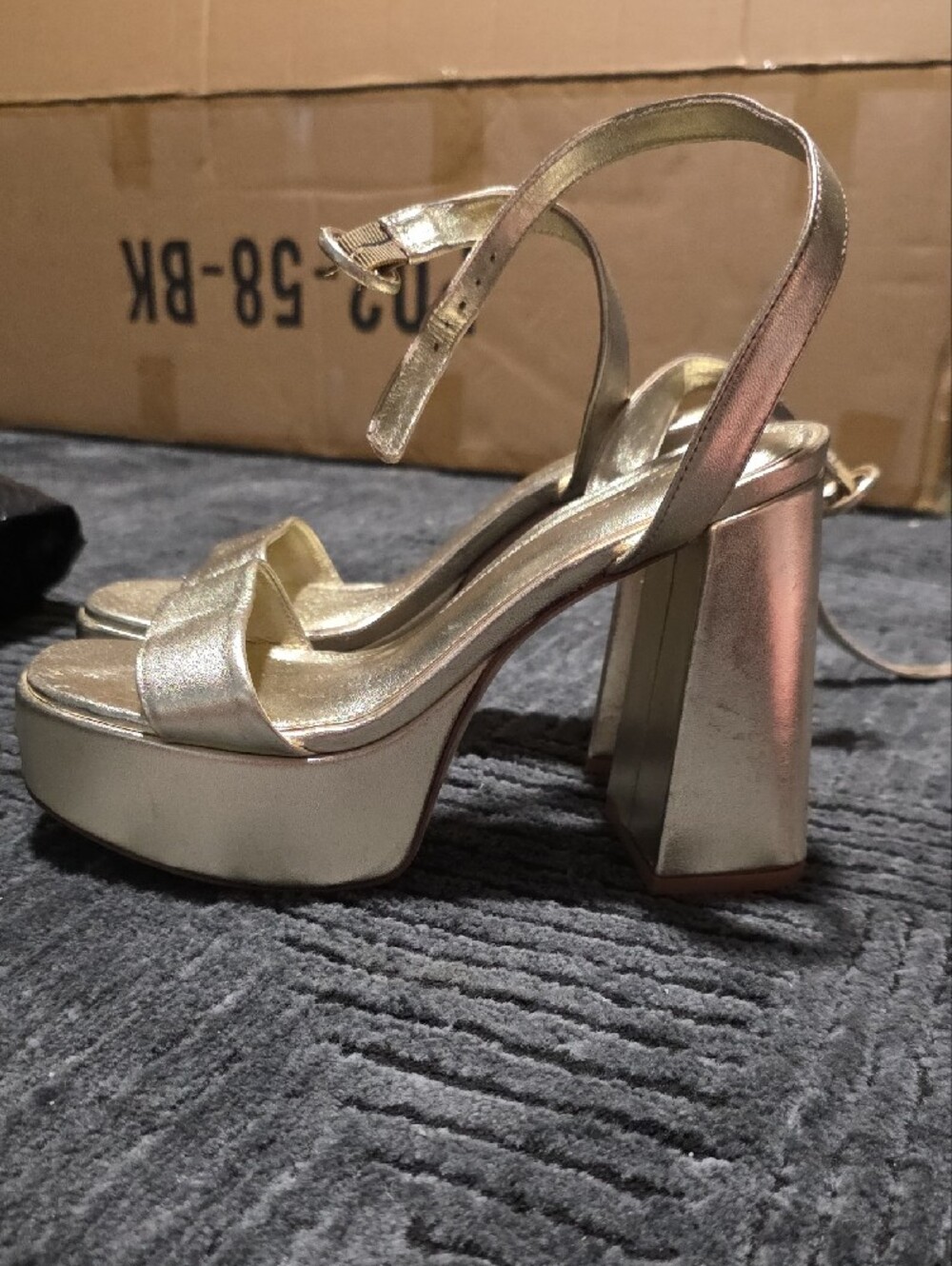Larroude Metallic Gold Platform Heeled Sandals with Ankle Strap - Picture 3 of 12